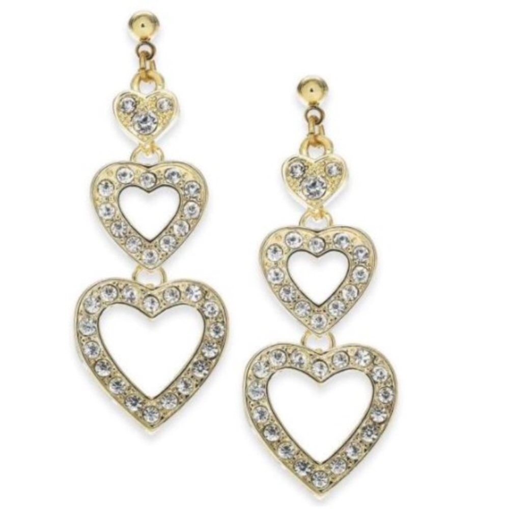 Charter Club Triple Drop Heart Earrings Gold Shimmering Crystal NWT
